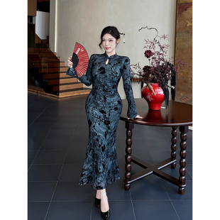B-babes【墨染青烟】微胖mm新中式旗袍连衣裙女国风设计修身长裙