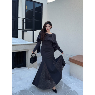 厚针织立体花朵两穿披肩式 大码 灰色玫瑰 假两件连衣裙 babes