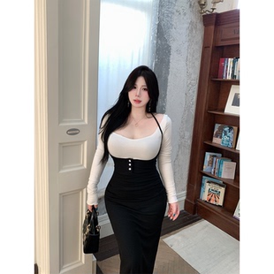 babes 包臀鱼尾背带连衣裙套装 奥立奥 T袖 女 纯欲性感紧身长袖