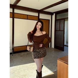 棕色荡领长袖 棕金碎闪 加绒T恤女秋冬气质亮片挂脖上衣 babes