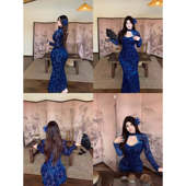 连衣裙微胖显瘦包臀长裙子 拼接镂空立领长袖 babes 忽逢林深