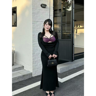 性感设计微胖假两件蕾丝带胸垫拼接包臀长裙 黑紫限定 babes