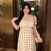 babes 斑点玛丽 法式 蕾丝拼接波点碎花裙微胖显瘦修身 连衣裙