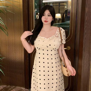 蕾丝拼接波点碎花裙微胖显瘦修身 法式 斑点玛丽 连衣裙 babes