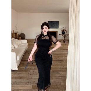 性感显瘦立领镂空包臀裙微胖收腰开叉中长裙 蝴蝶印记 babes