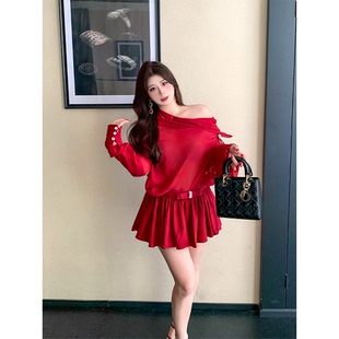 拼接镶钻雪纺上衣蓬蓬裙含打底高腰半裙套装 红色钻石 babes