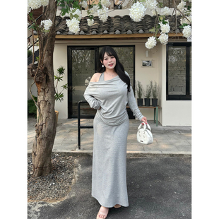 胖MM条纹挂脖连衣裙女长袖 大码 心动符号 上衣真两件套 babes