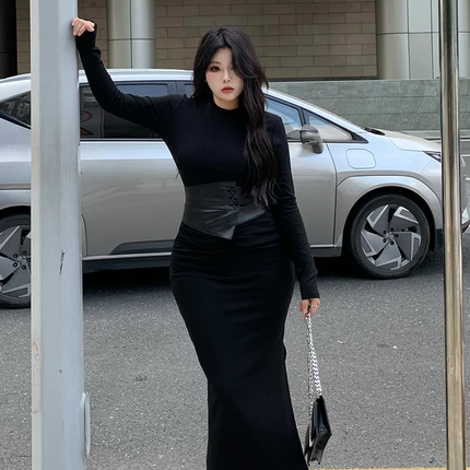 2024年秋冬新款辣妹性感修身长袖收腰裙女微胖显瘦加绒包臀连衣裙