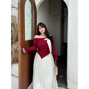 女秋设计感拼接蕾丝荡领上衣套装 韩系针织衫 红纱涟漪 babes