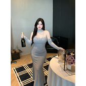 性感长裙带胸垫包臀气质针织连衣裙女 清冷大小姐 babes 大码