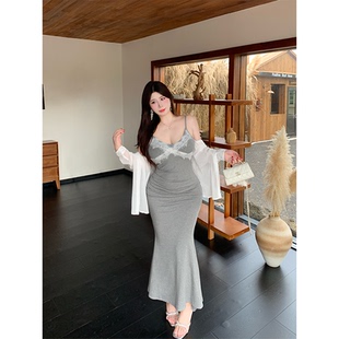 套装 蕾丝拼接吊带长裙辣妹纯欲微透白衬衫 灰色纯欲 女 babes