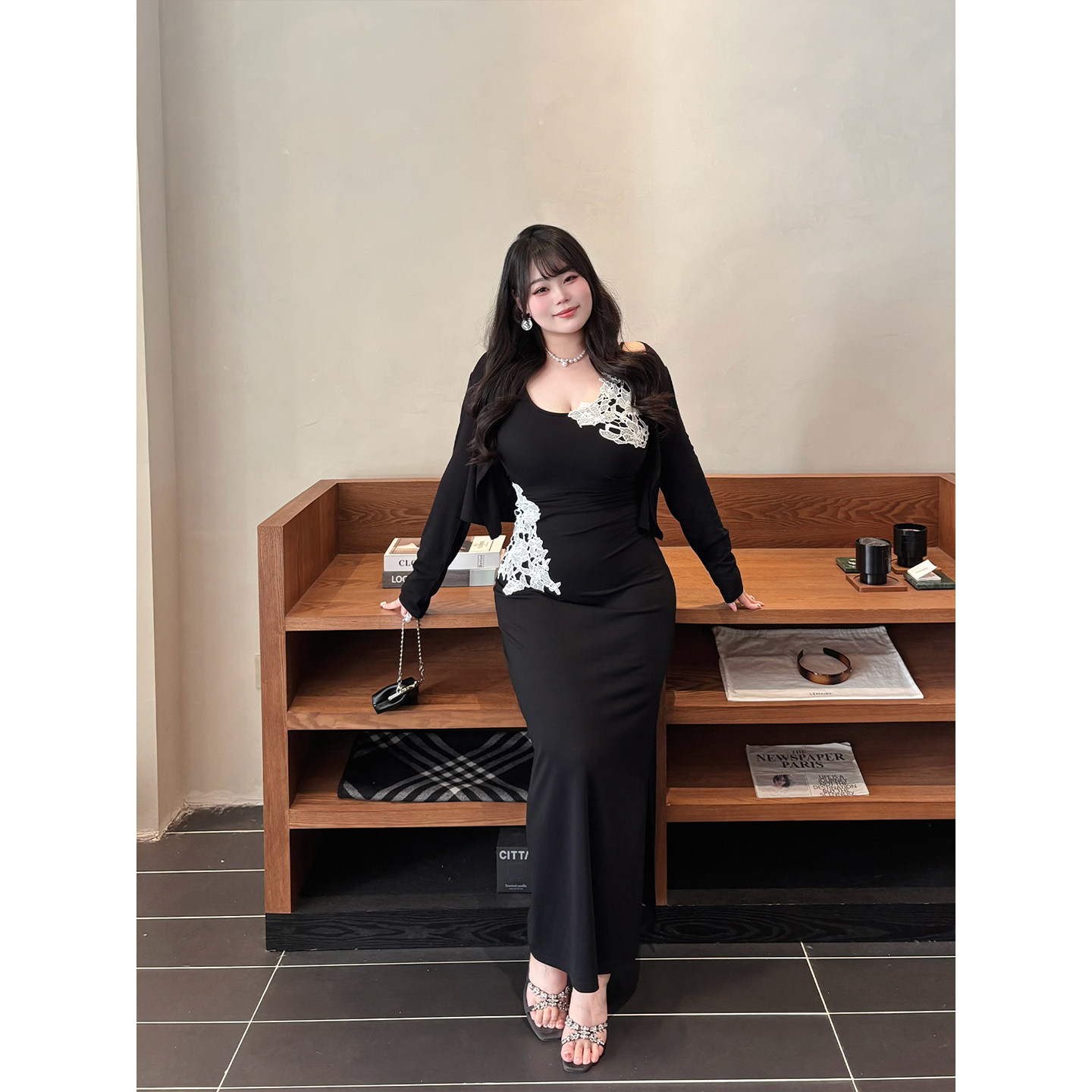 B-babes【墨影生花】大码微胖吊带蕾丝刺绣针织连衣裙显瘦包臀裙