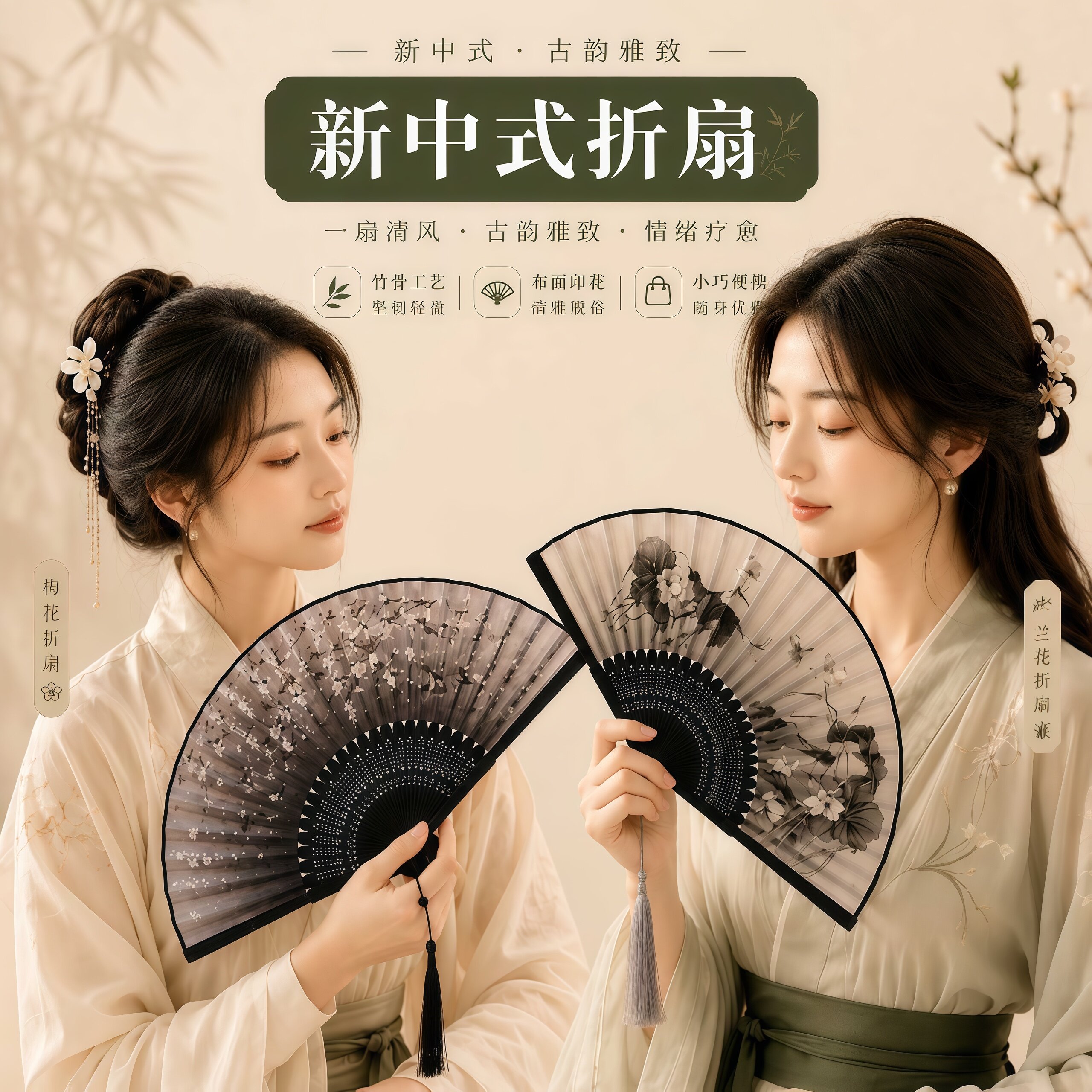 中国风折叠小扇子古风扇汉服舞蹈水墨画绢布新中式送闺蜜黑色折扇