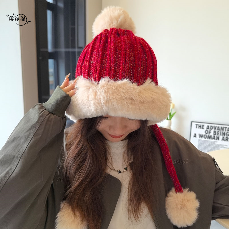 复古红色针织加绒防寒东北雷锋帽