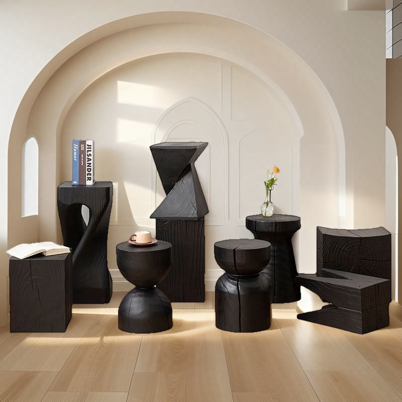 碳化艺术造型f根雕凳子木墩边几原木茶几矮凳民宿创意花架换鞋凳