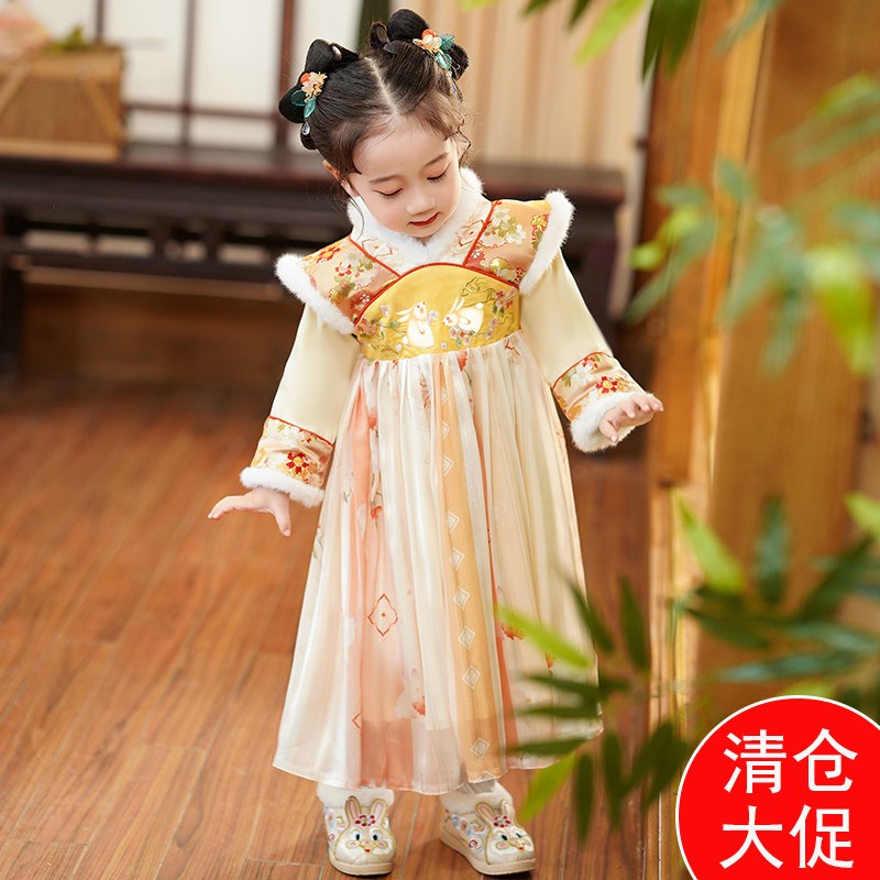 女童汉服秋冬款加绒小女孩t中国风古装连衣裙儿童唐装宝宝古风汉