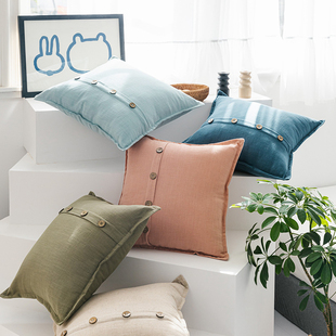 纯色棉麻含芯抱枕纽扣r简约现代靠垫亚麻椰扣款大靠枕套沙发装饰