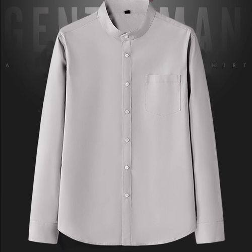 白色男士小立领衬衫长袖春秋季薄款立颈商务正装圆领中山装衬衣土