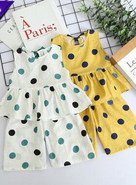 女童夏装圆点棉麻j无袖娃娃衫七分阔腿裤儿童宽松透气两件套装文