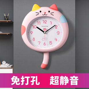 猫咪儿l童房挂钟客厅家用时尚 2023新款 网红钟表免打孔挂墙卡通时