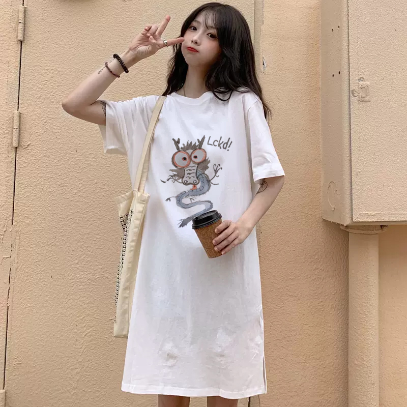 胖mm白色长t连衣裙女中长款开叉短袖t恤裙高个R子宽松大码休闲上