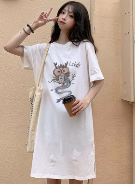 胖mm白色长t连衣裙女中长款开叉短袖t恤裙高个R子宽松大码休闲上