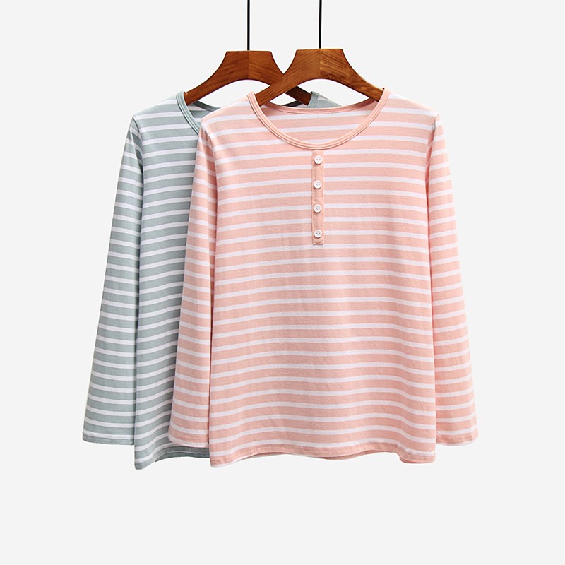 女秋冬款纯棉条纹长袖T恤宽松大码睡衣打K底衫家居服外穿上衣秋衣