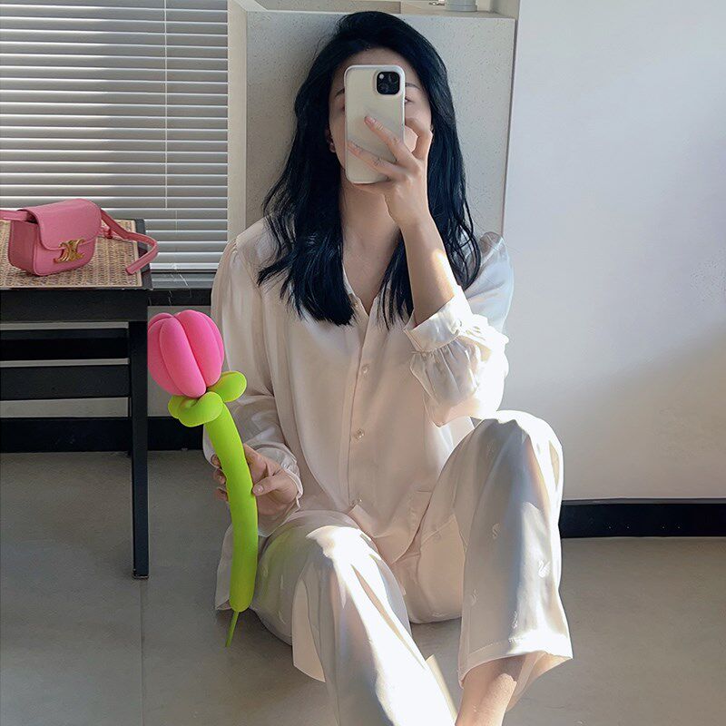 丝绸睡衣女春夏秋季简约长袖长裤两件套翻领O纯色气质款薄款家居