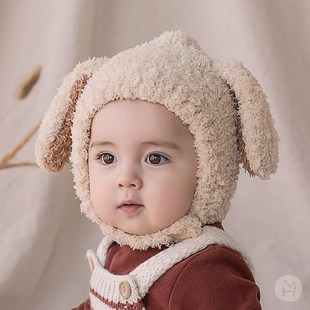 韩国婴儿帽子秋冬季毛绒帽t宝宝加绒护耳帽0-1-2岁婴幼儿幼童帽