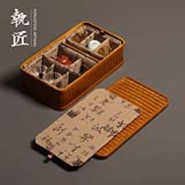 手工竹编收纳盒带盖长方形整理盒子分格防尘茶具收纳筐新中式复古