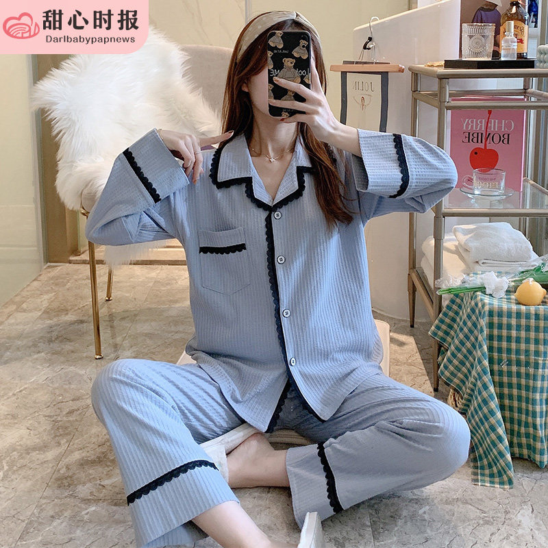秋冬睡衣女春秋季纯棉长袖可爱夏D天家居服两件套装网红爆款蓝色