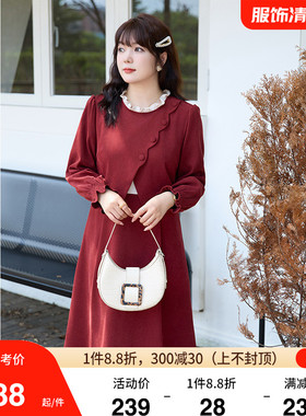 2024春冬新款法式气质收腰显瘦B红色连衣裙大码胖mm假两件长款裙