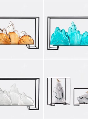 新中式玻璃假山摆件o样板间书房家居茶室售楼部陶瓷软装饰品