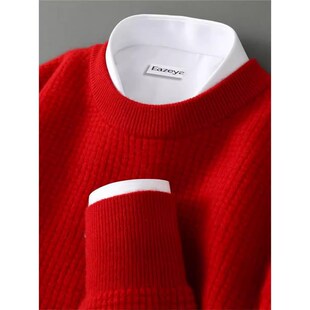 100%纯羊绒衫男士圆领加厚本命年大红色针织衫毛衣宽松休闲羊毛衫