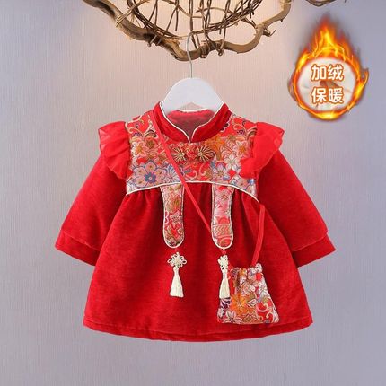 加绒女童a秋冬季连衣裙周岁女宝礼服婴马面国风保暖拜年服唐装裙