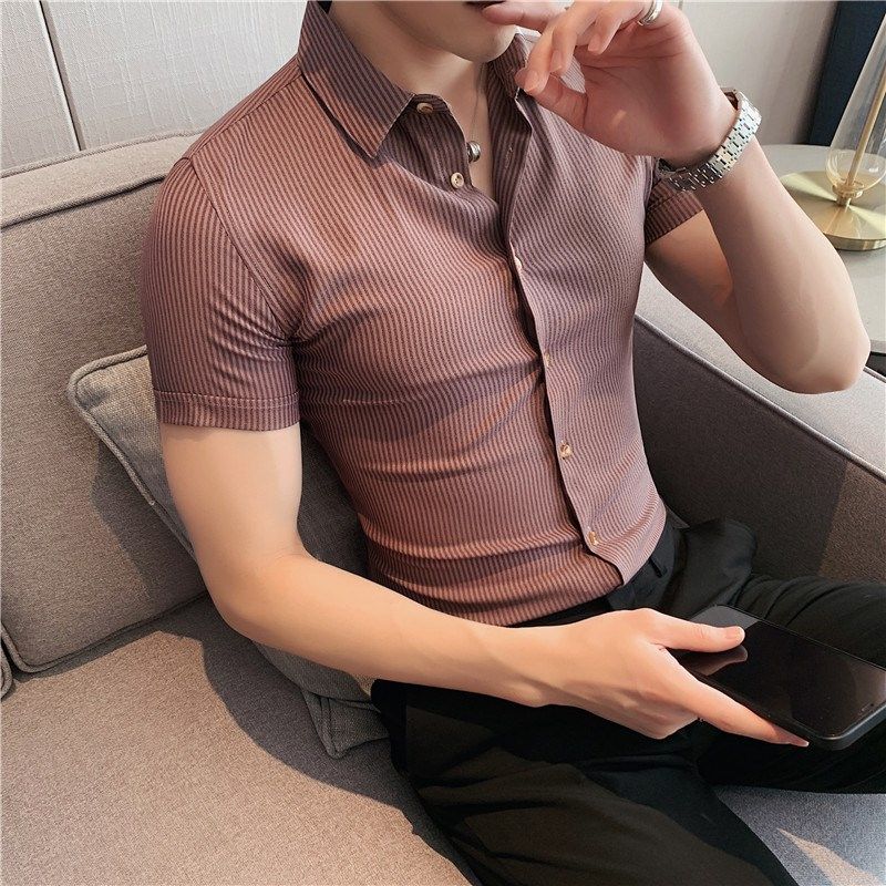 2024新款短袖衬衫男夏季高端条纹男士半袖衬衣休闲商务修身免烫寸