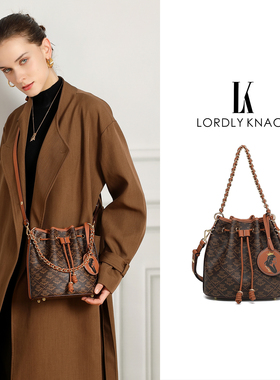 LK轻奢老花抽绳水桶包新款早春2026超火链条高级感小众单肩斜挎包