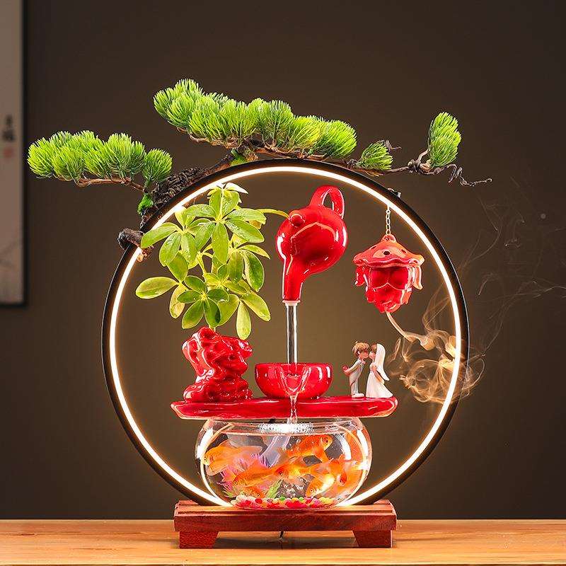 创NGP带意流水摆件厅书房办公室灯圈小型家透用明生财客鱼缸中式