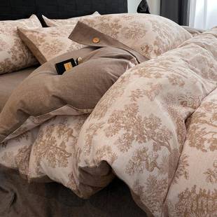 美式复古A类原麻生纽款扣四圣bixion件套加厚被套床单学宿款舍亚