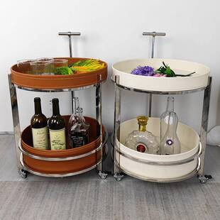 极简皮WBA可移马沙动发边几鞍复中古双层储物圆形小推车轻奢角几