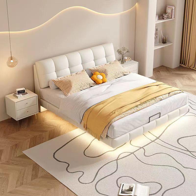 奶油风43242绒布悬浮床灯云泡芙床主卧奢床小带户型婚轻房双朵人