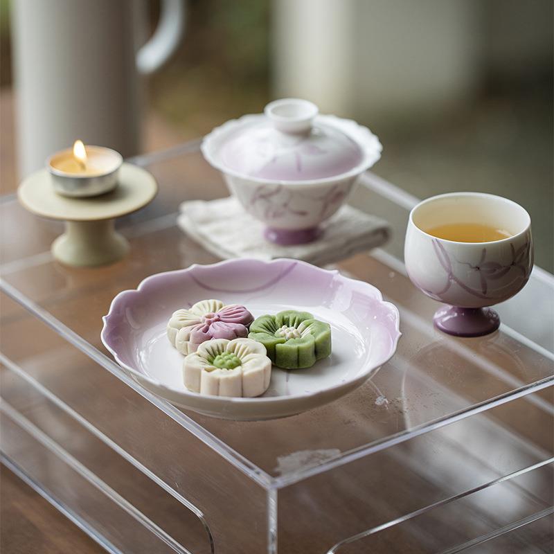 玉白瓷渐变紫手绘兰花壶承茶道件配家用泥泡干mjtc盘多用茶点盘