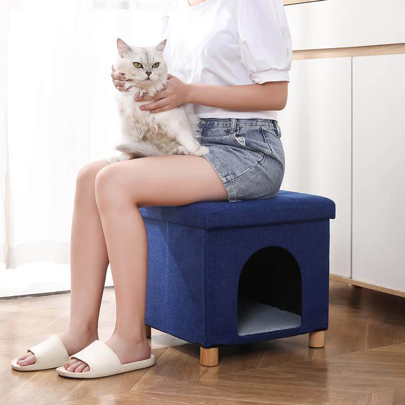 厂家销直棉953宠物猫狗收纳凳麻布艺狗猫窝可折叠窝储物凳实木脚