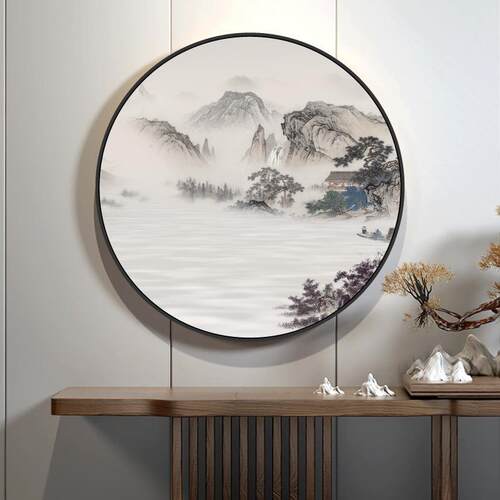 新中式山玄关入画户圆形装饰水画风景画客过UAU道厅走廊禅意茶室