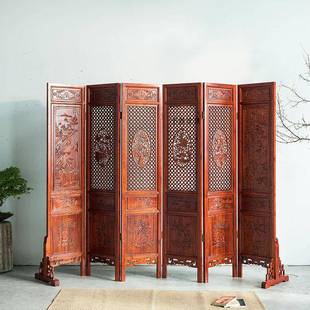 屏风隔断客厅中式实木仿古叠折动折屏雕花镂空关插屏移玄酒山水花