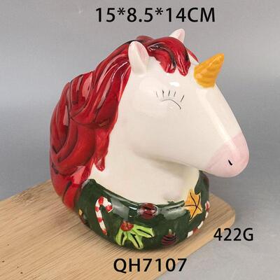 跨境工彩圣诞节陶瓷绘QH7107独角兽可爱手手桌面花瓶创意工工艺品