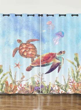 亚逊马跨境窗帘遮海龟蓝色大海ZAR阳帘光数码印花窗帘遮免打孔卧