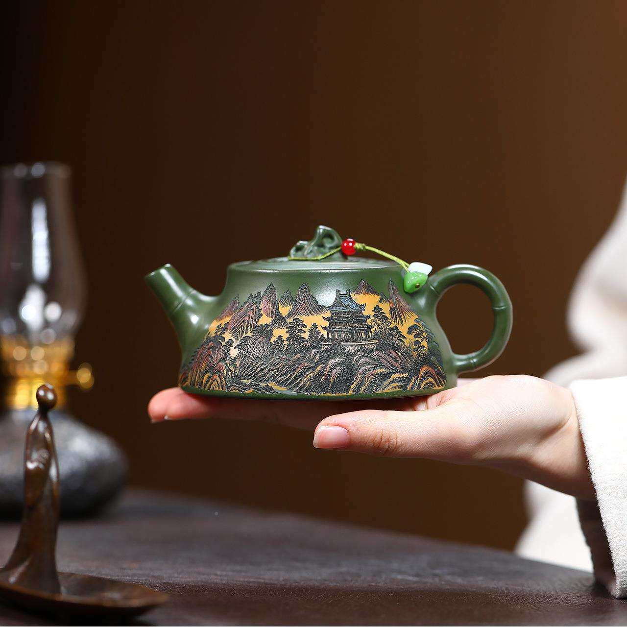 件宜兴一紫WDP砂壶原矿优质绿手工河制作通身满刻彩秀泥山泡茶壶
