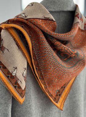 法国小马图腾橙色真丝羊绒围巾多用小方巾领巾档送礼妈妈丝巾女