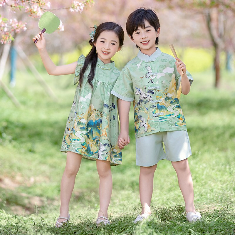 男女童唐装汉服旗袍夏季幼儿园园服六一儿童表演服新中式国风套装